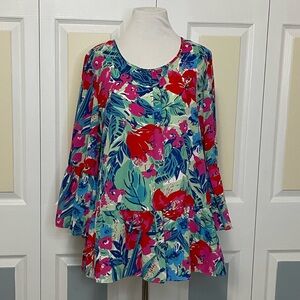 Pappagallo Womens Tropical Floral Print Peplum Hem‎ Bell Sleeve Blouse Size L